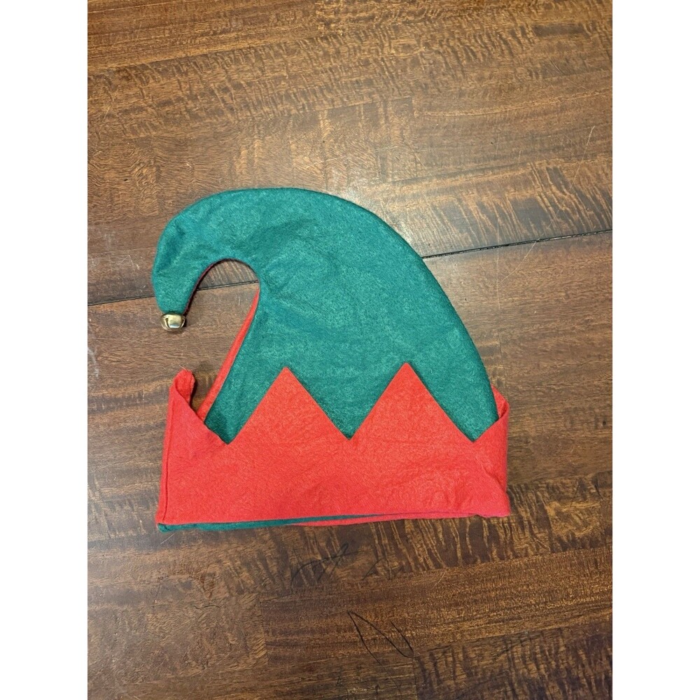 Felt Elf Hat Red Green w/ Brass Jingle Bell serrated brim edge. fits adult